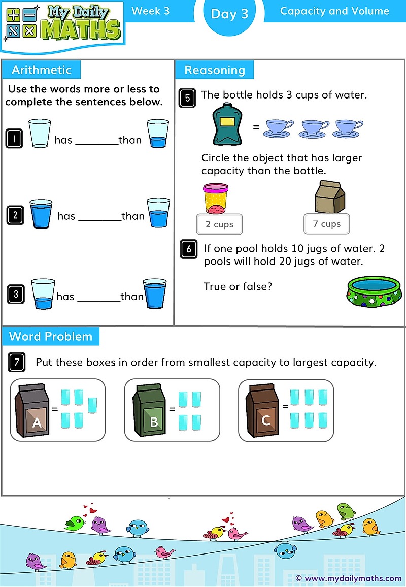 Year 1 Capacity and Volume - Day 3 - Measurements maths worksheet with fluency, word problem, and reasoning sections