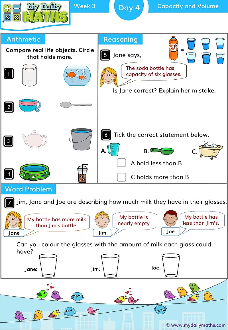 Year 1 Capacity and Volume - Day 4 - Measurements maths worksheet with fluency, word problem, and reasoning sections