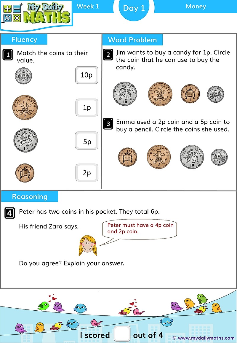 Year 1 Recognising Coins - Day 1 - Money maths worksheet with fluency, word problem, and reasoning sections