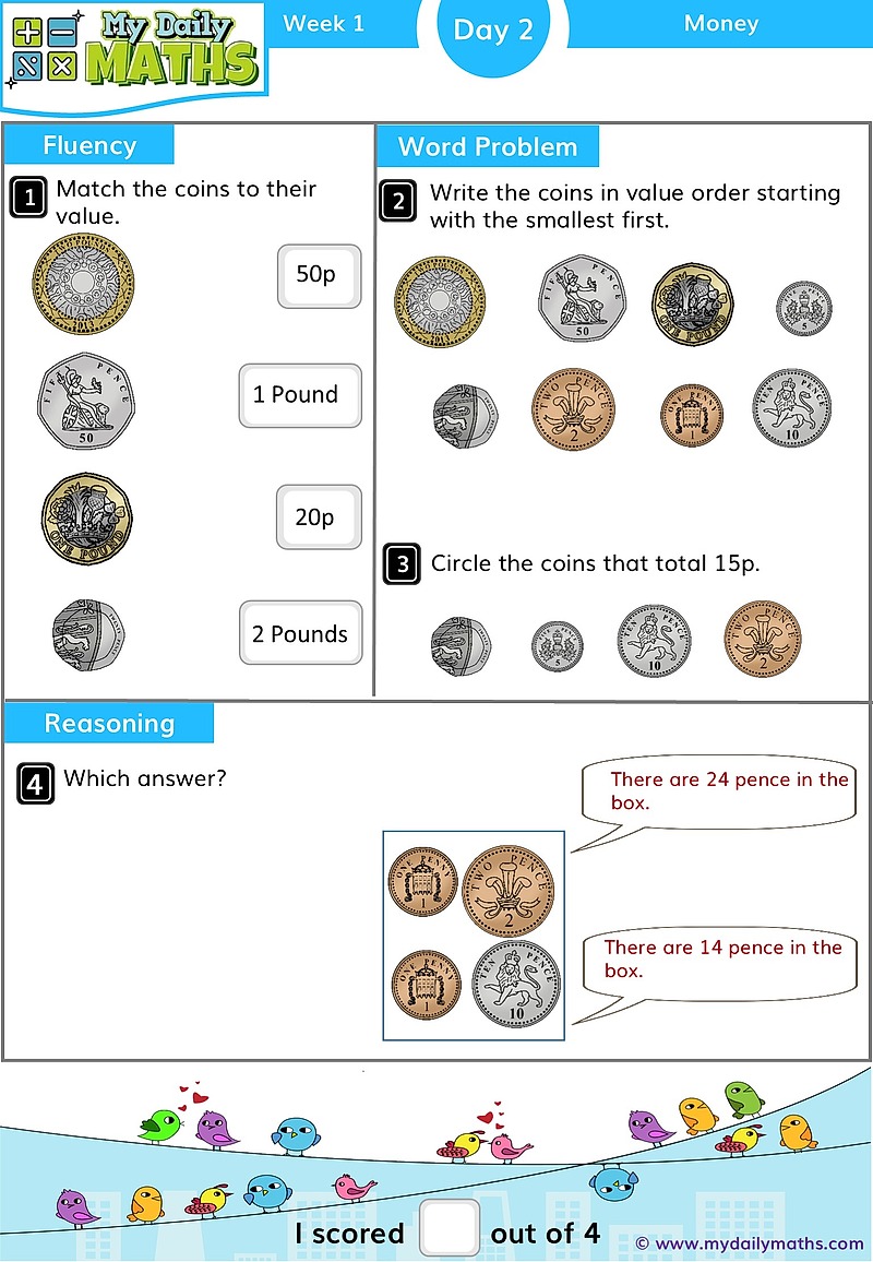 Year 1 Recognising Coins - Day 2 - Money maths worksheet with fluency, word problem, and reasoning sections