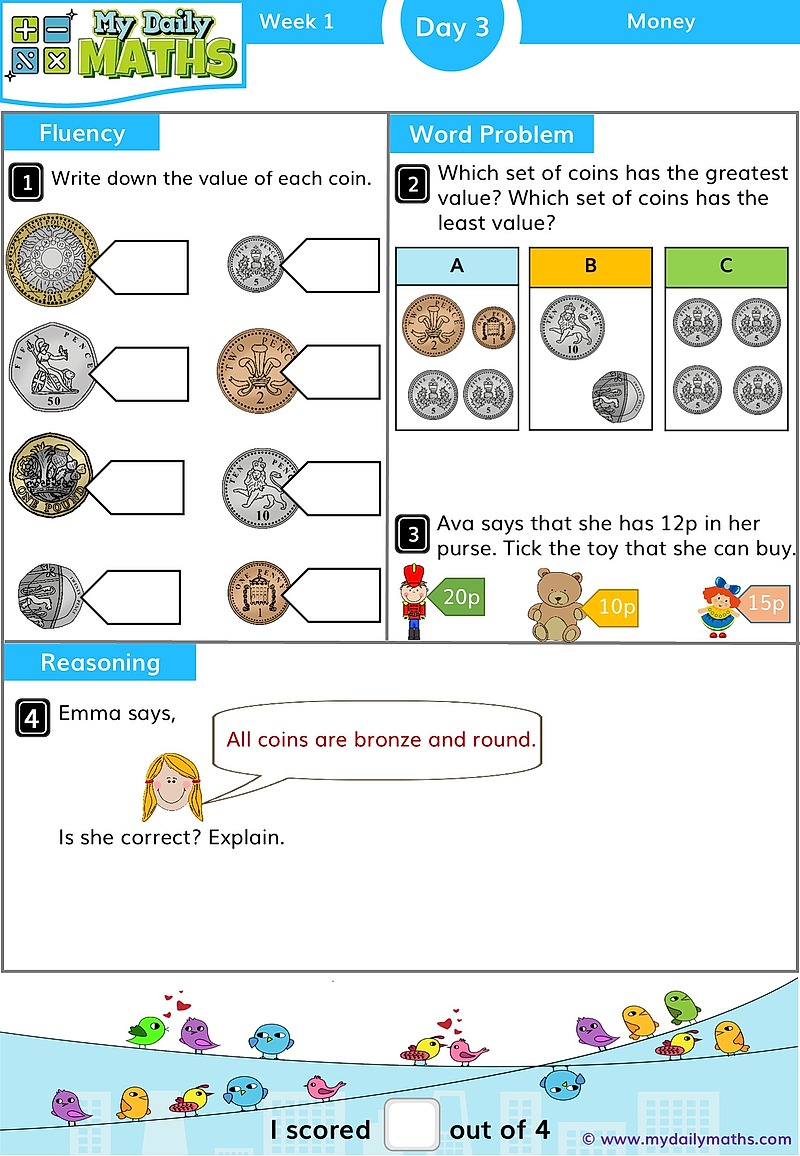 Year 1 Recognising Coins - Day 3 - Money maths worksheet with fluency, word problem, and reasoning sections