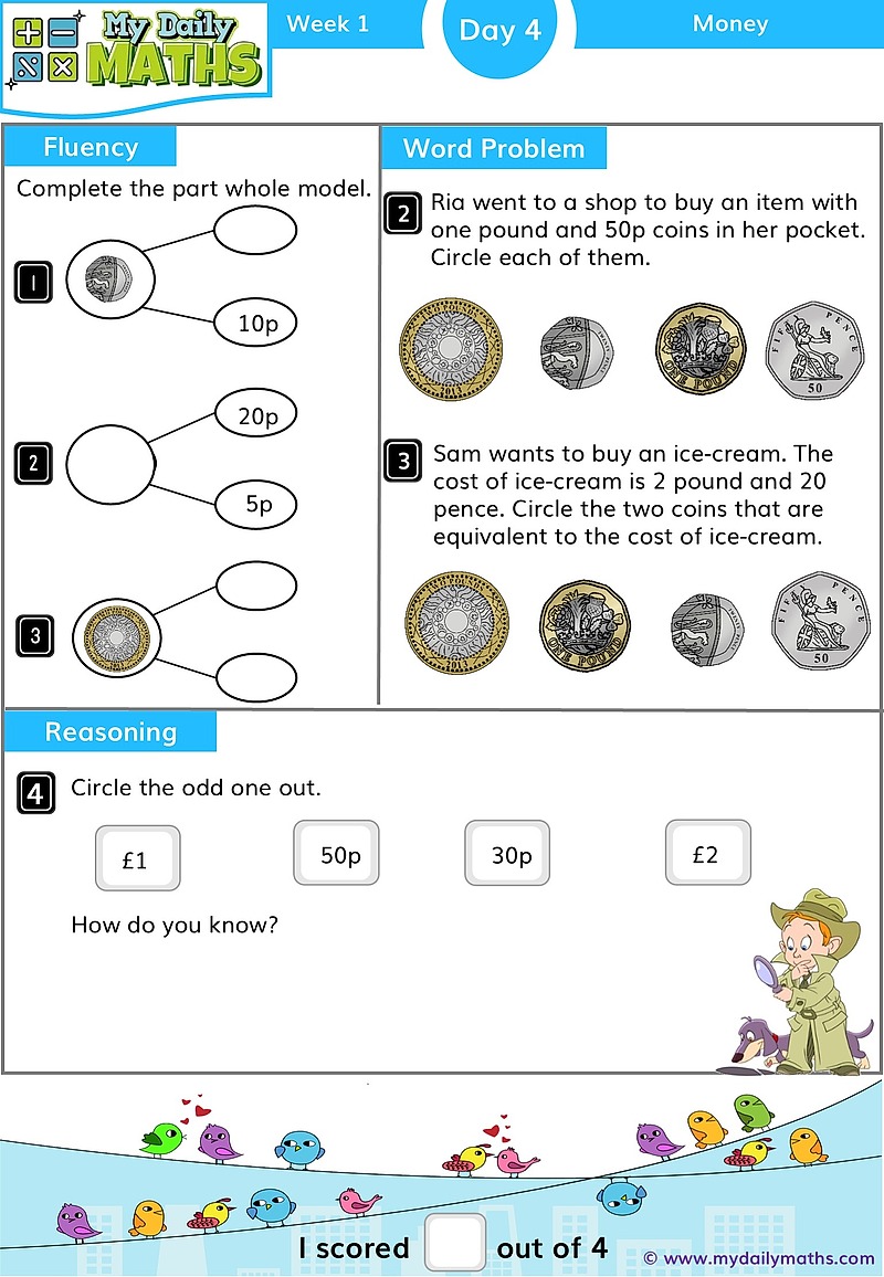 Year 1 Recognising Coins - Day 4 - Money maths worksheet with fluency, word problem, and reasoning sections