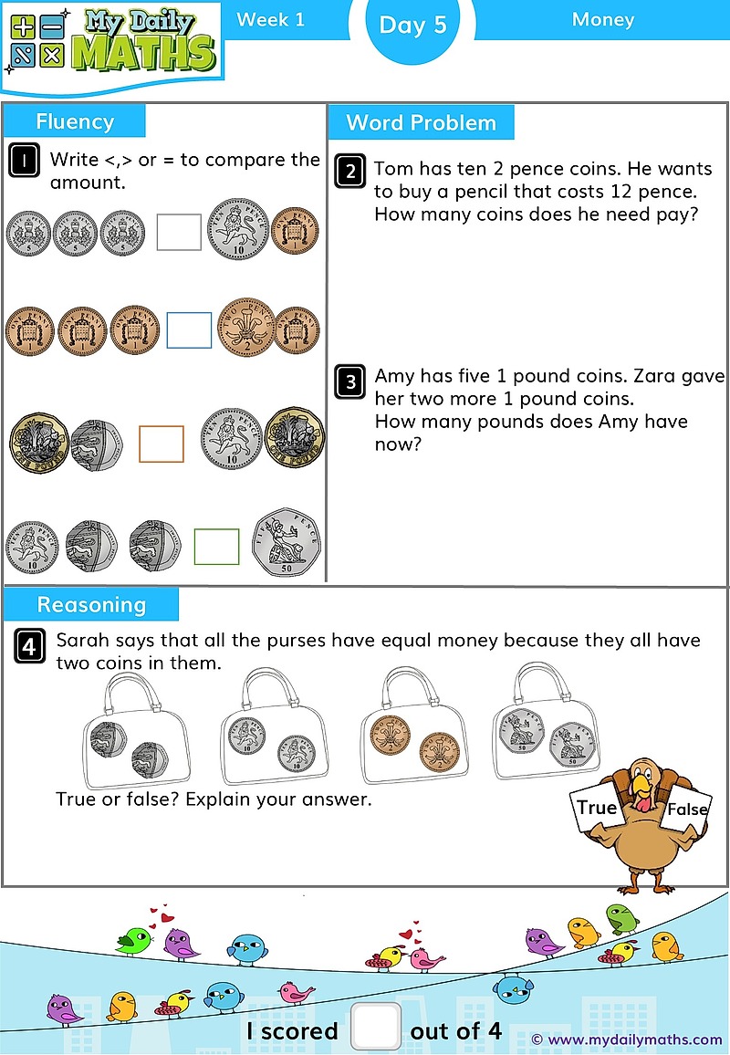 Year 1 Recognising Coins - Day 5 - Money maths worksheet with fluency, word problem, and reasoning sections