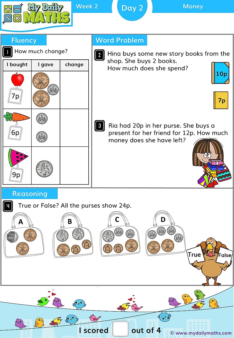 Year 1 Making Amounts - Day 2 - Money maths worksheet with fluency, word problem, and reasoning sections