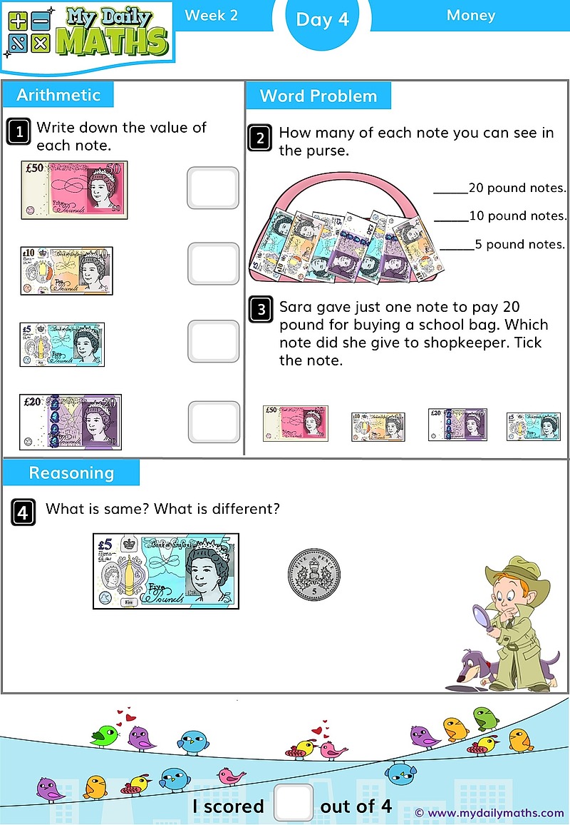 Year 1 Making Amounts - Day 4 - Money maths worksheet with fluency, word problem, and reasoning sections