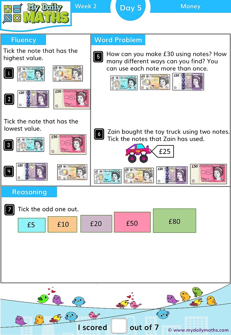 Year 1 Making Amounts - Day 5 - Money maths worksheet with fluency, word problem, and reasoning sections