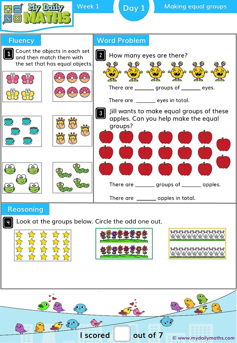 Year 1 Doubling - Day 1 - Multiplication maths worksheet with fluency, word problem, and reasoning sections