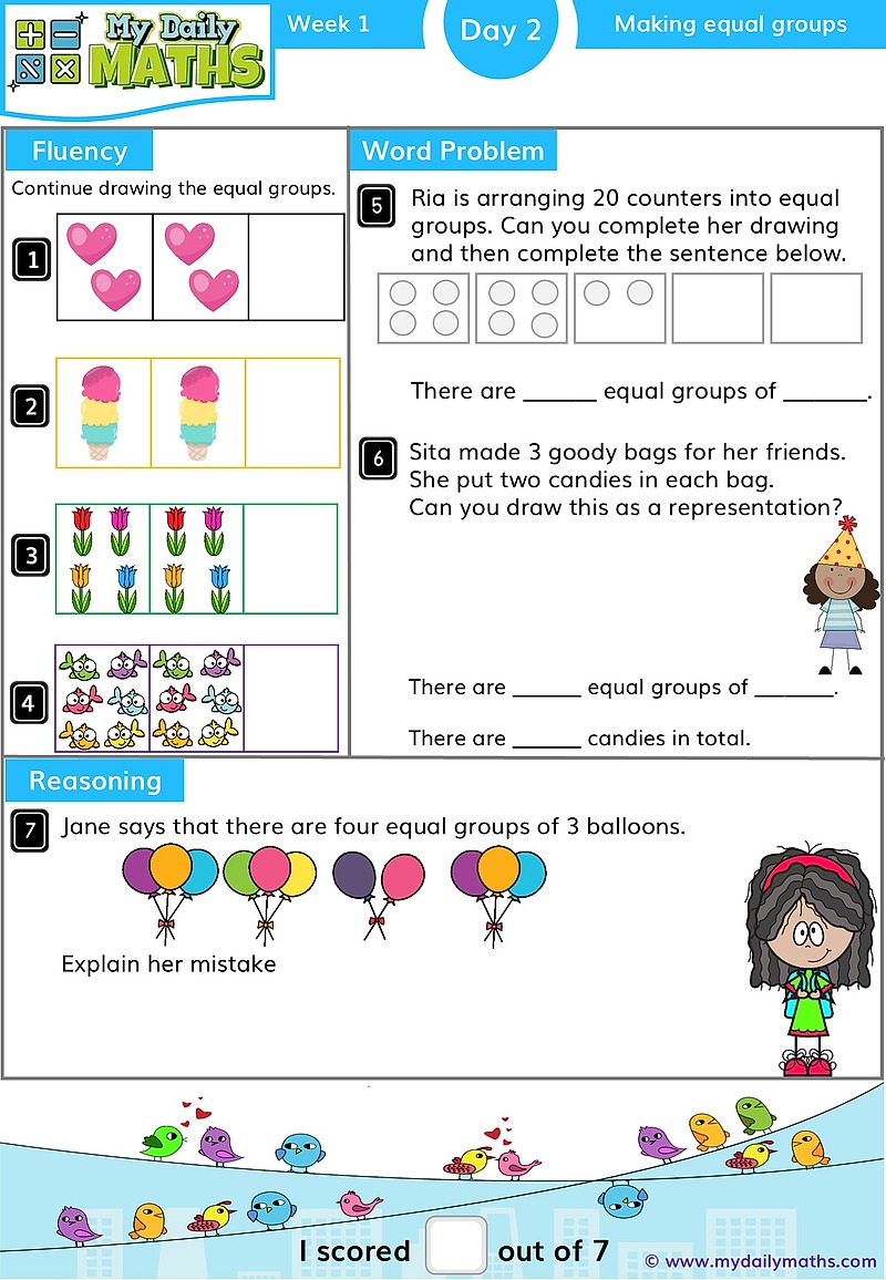 Year 1 Doubling - Day 2 - Multiplication maths worksheet with fluency, word problem, and reasoning sections