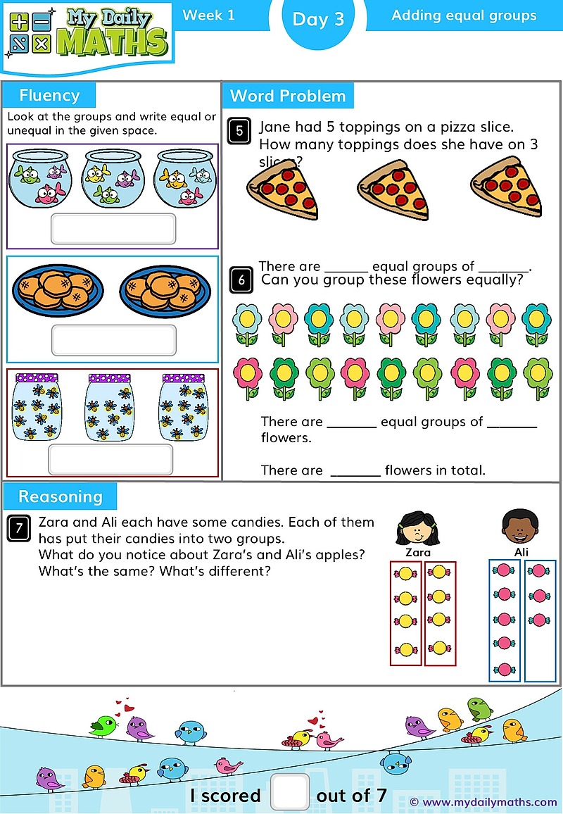 Year 1 Doubling - Day 3 - Multiplication maths worksheet with fluency, word problem, and reasoning sections