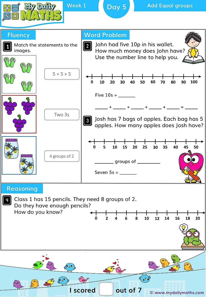 Year 1 Doubling - Day 5 - Multiplication maths worksheet with fluency, word problem, and reasoning sections