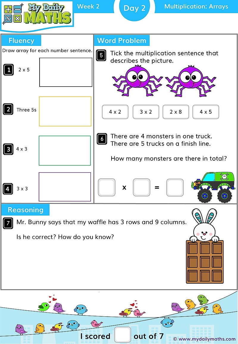 Year 1 Grouping and Sharing - Day 2 - Multiplication maths worksheet with fluency, word problem, and reasoning sections