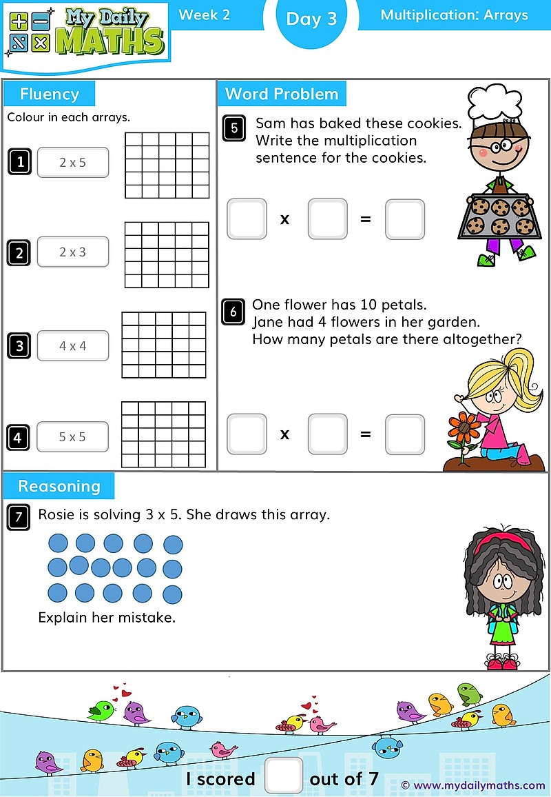 Year 1 Grouping and Sharing - Day 3 - Multiplication maths worksheet with fluency, word problem, and reasoning sections