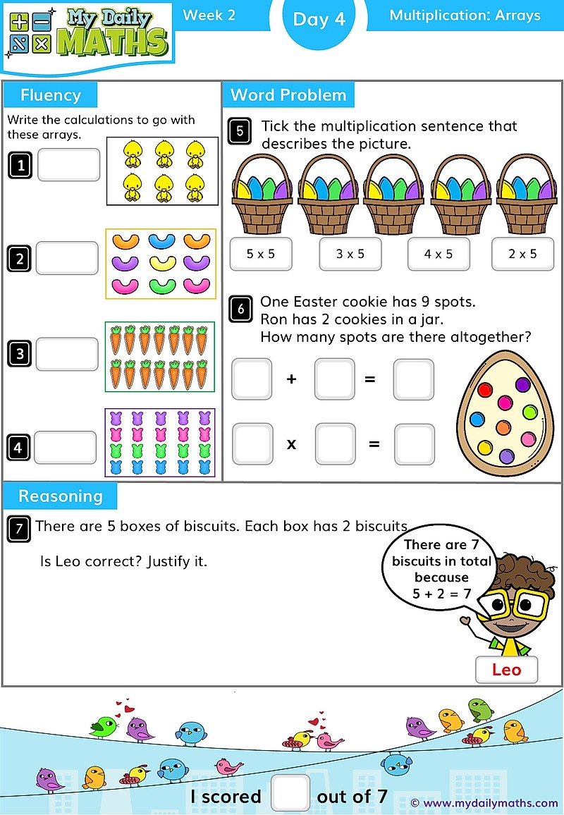 Year 1 Grouping and Sharing - Day 4 - Multiplication maths worksheet with fluency, word problem, and reasoning sections