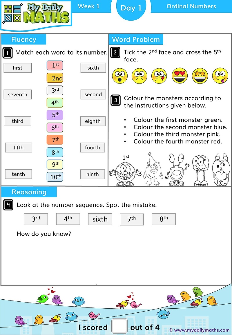 Year 1 Ordinal Numbers - Day 1 - Ordinal Numbers maths worksheet with fluency, word problem, and reasoning sections