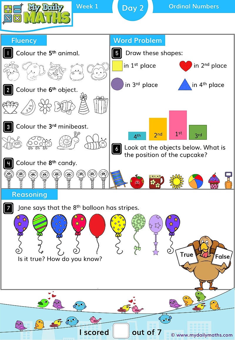 Year 1 Ordinal Numbers - Day 2 - Ordinal Numbers maths worksheet with fluency, word problem, and reasoning sections