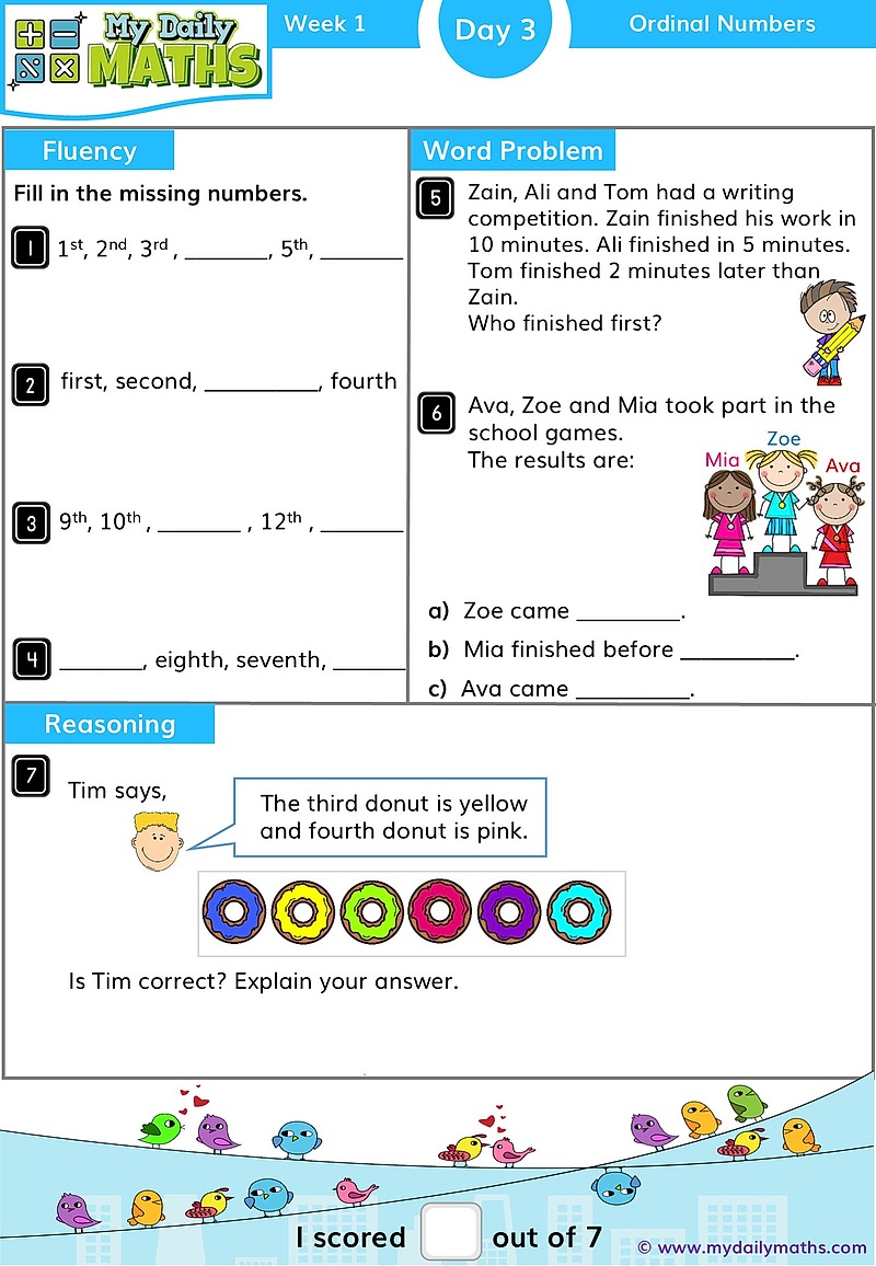 Year 1 Ordinal Numbers - Day 3 - Ordinal Numbers maths worksheet with fluency, word problem, and reasoning sections