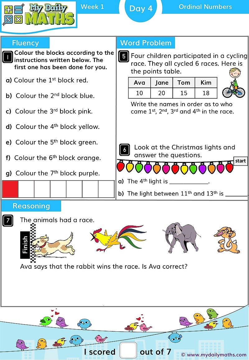 Year 1 Ordinal Numbers - Day 4 - Ordinal Numbers maths worksheet with fluency, word problem, and reasoning sections