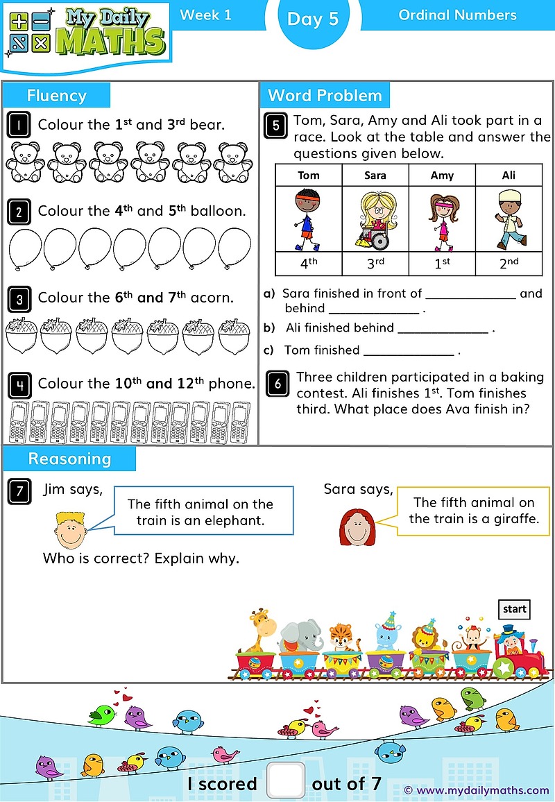 Year 1 Ordinal Numbers - Day 5 - Ordinal Numbers maths worksheet with fluency, word problem, and reasoning sections