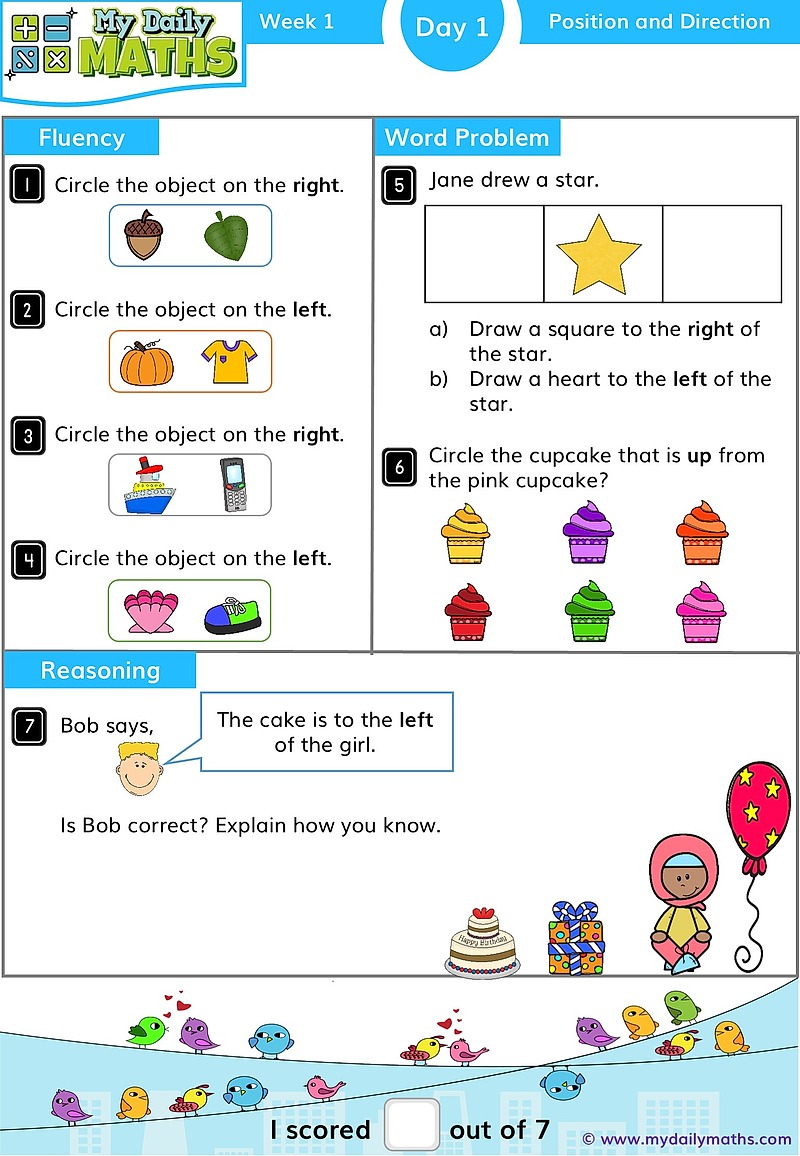 Year 1 Position - Day 1 - Position & Direction maths worksheet with fluency, word problem, and reasoning sections