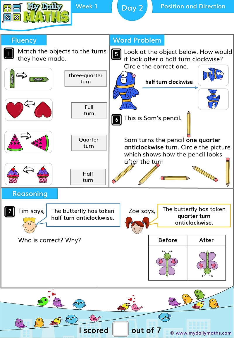 Year 1 Position - Day 2 - Position & Direction maths worksheet with fluency, word problem, and reasoning sections