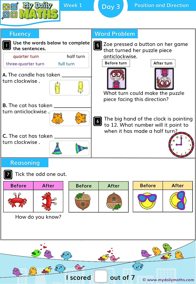 Year 1 Position - Day 3 - Position & Direction maths worksheet with fluency, word problem, and reasoning sections