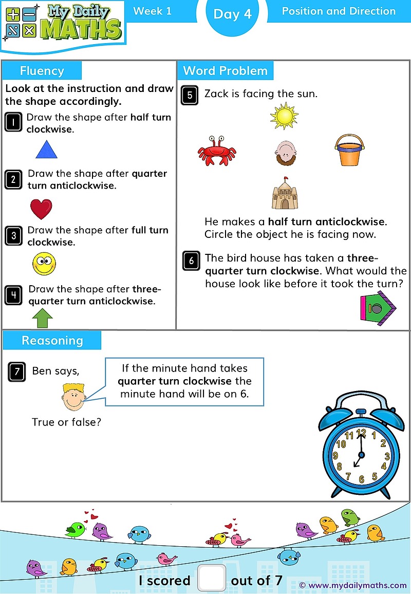 Year 1 Position - Day 4 - Position & Direction maths worksheet with fluency, word problem, and reasoning sections