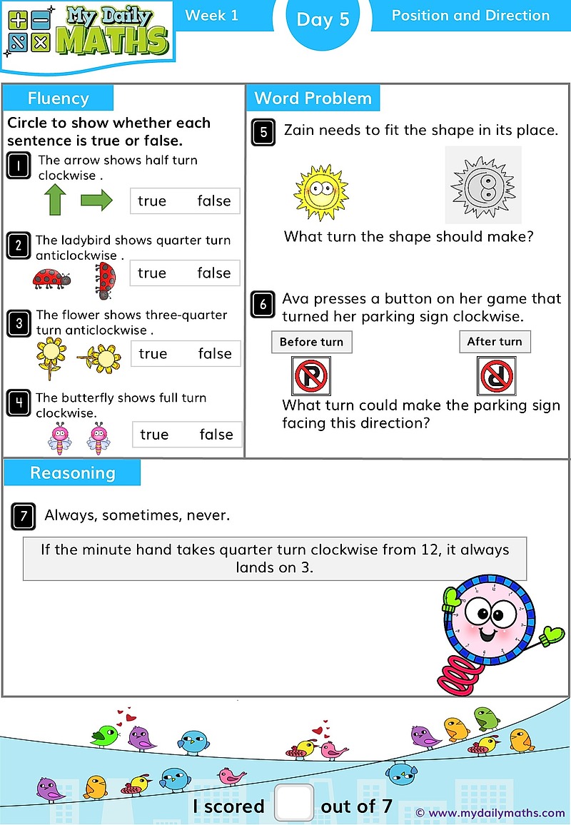Year 1 Position - Day 5 - Position & Direction maths worksheet with fluency, word problem, and reasoning sections