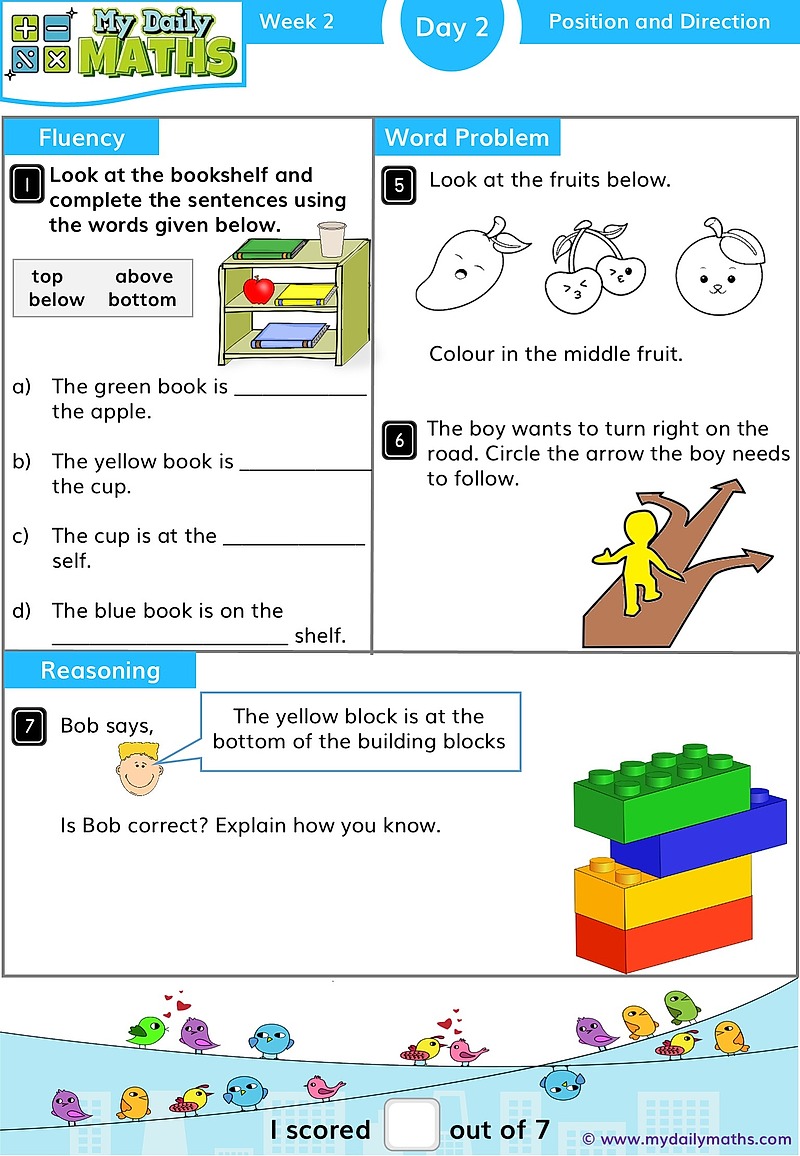 Year 1 Direction and Turns - Day 2 - Position & Direction maths worksheet with fluency, word problem, and reasoning sections