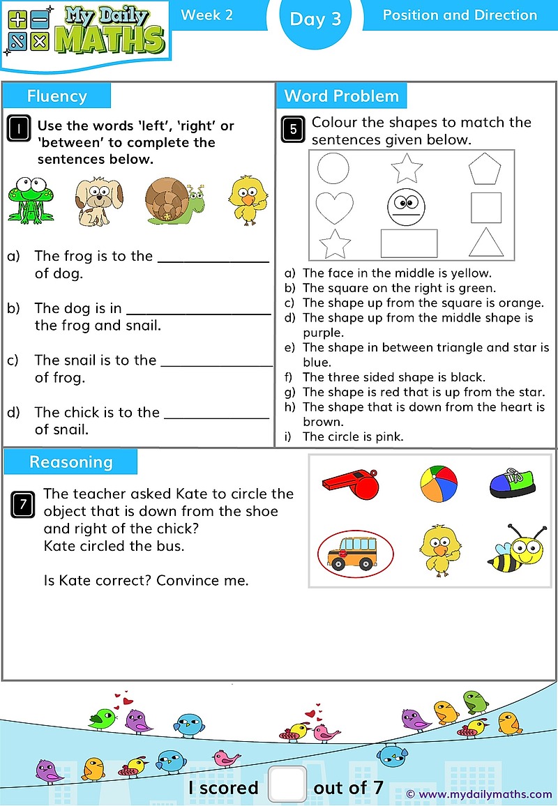 Year 1 Direction and Turns - Day 3 - Position & Direction maths worksheet with fluency, word problem, and reasoning sections