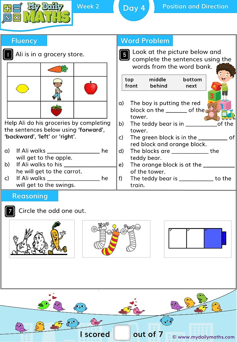 Year 1 Direction and Turns - Day 4 - Position & Direction maths worksheet with fluency, word problem, and reasoning sections