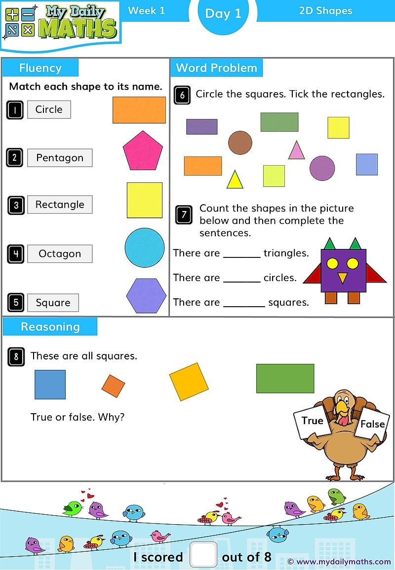 Year 1 2D Shapes - Day 1 - Shapes maths worksheet with fluency, word problem, and reasoning sections