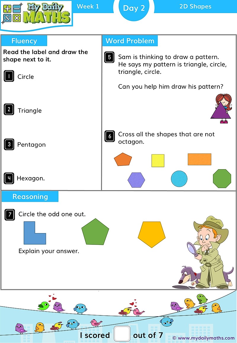 Year 1 2D Shapes - Day 2 - Shapes maths worksheet with fluency, word problem, and reasoning sections