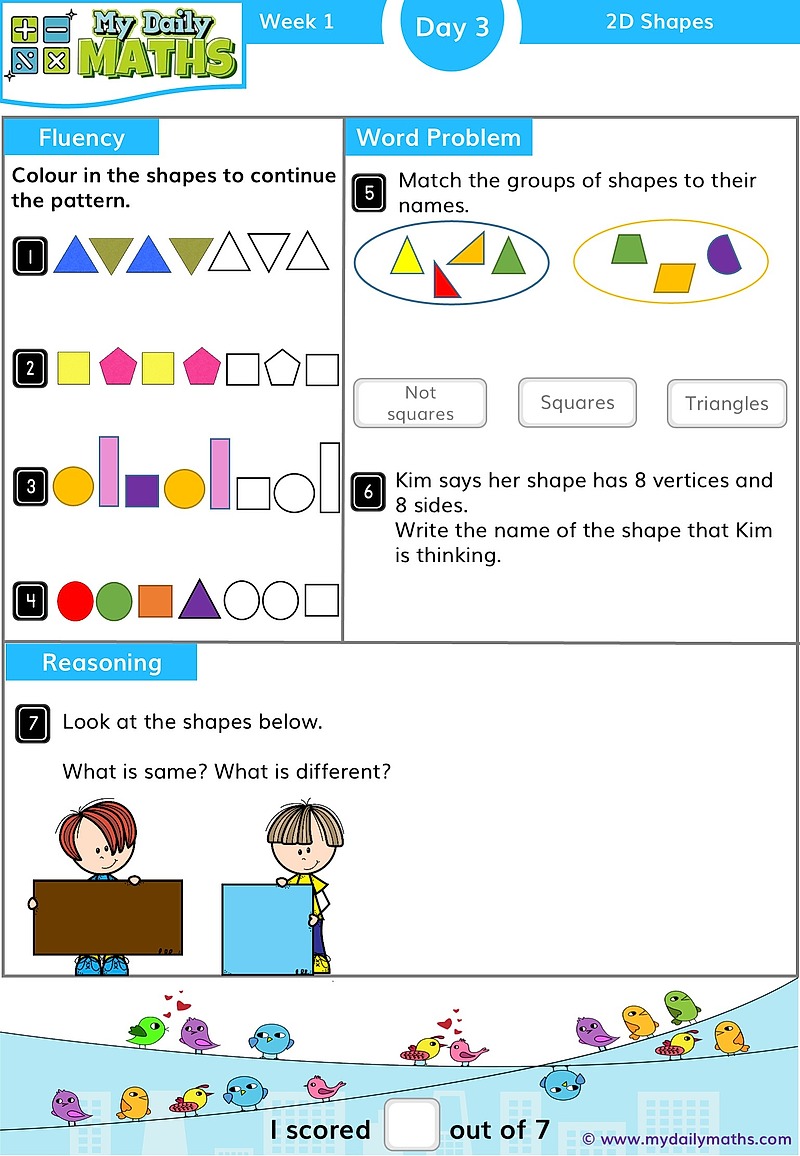 Year 1 2D Shapes - Day 3 - Shapes maths worksheet with fluency, word problem, and reasoning sections