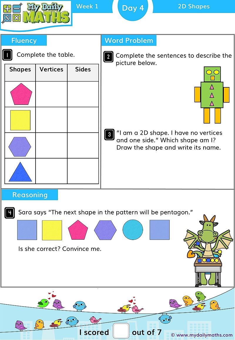 Year 1 2D Shapes - Day 4 - Shapes maths worksheet with fluency, word problem, and reasoning sections