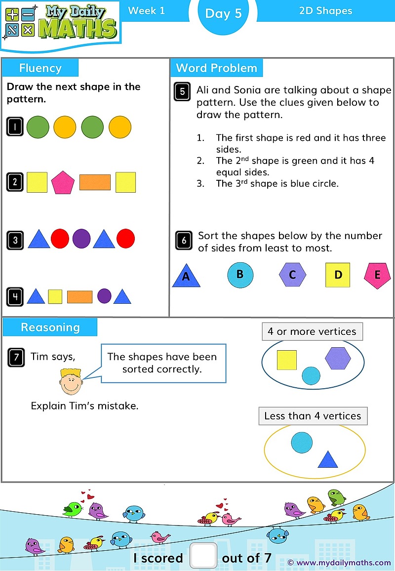 Year 1 2D Shapes - Day 5 - Shapes maths worksheet with fluency, word problem, and reasoning sections