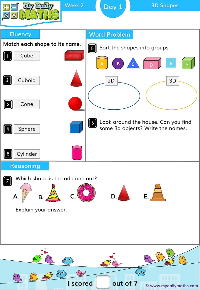 Year 1 3D Shapes - Day 1 - Shapes maths worksheet with fluency, word problem, and reasoning sections