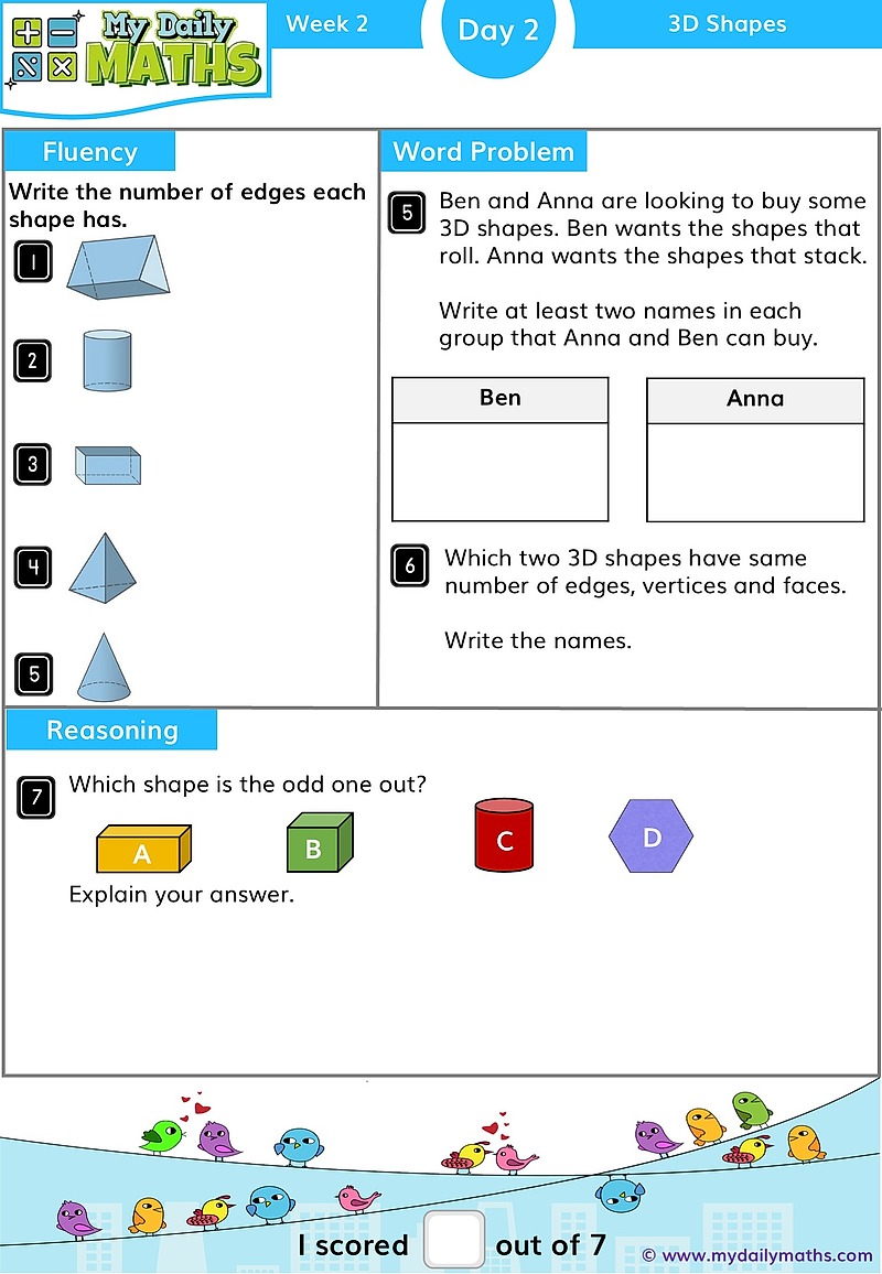 Year 1 3D Shapes - Day 2 - Shapes maths worksheet with fluency, word problem, and reasoning sections