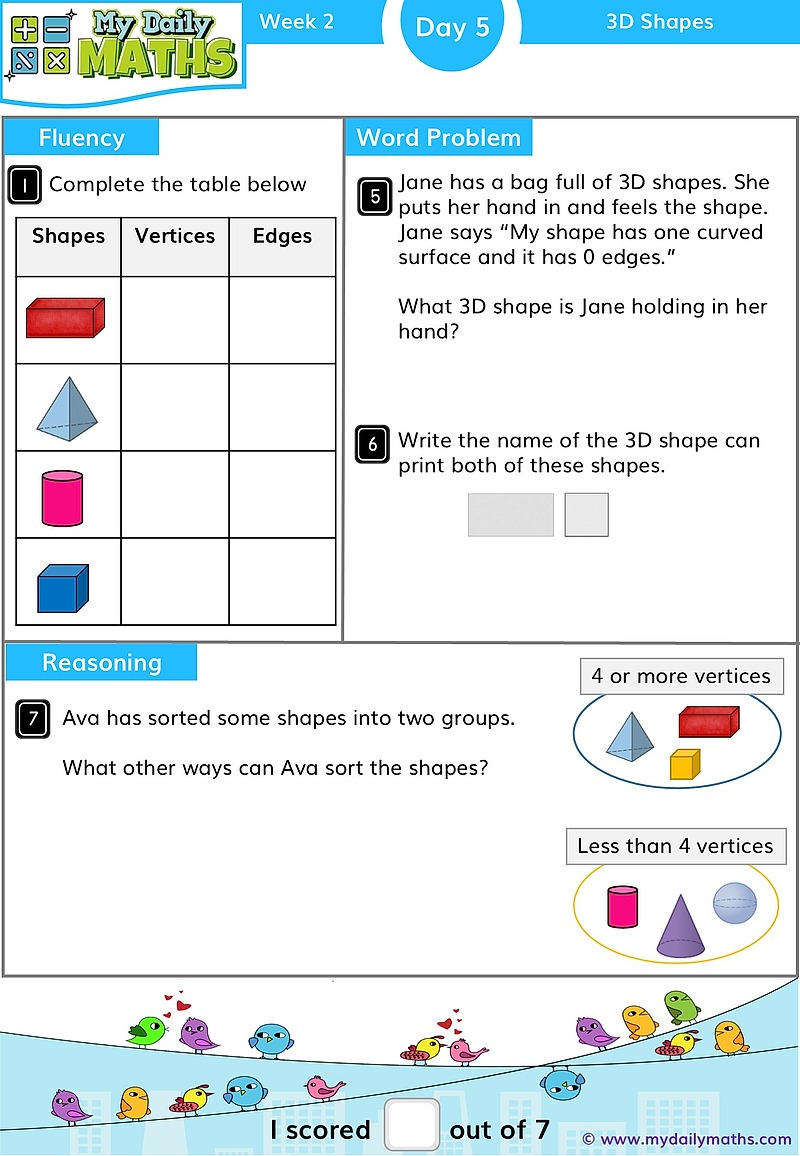 Year 1 3D Shapes - Day 5 - Shapes maths worksheet with fluency, word problem, and reasoning sections