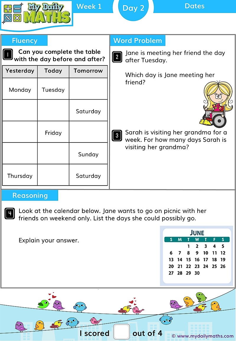 Year 1 Dates - Day 2 - Telling Time maths worksheet with fluency, word problem, and reasoning sections