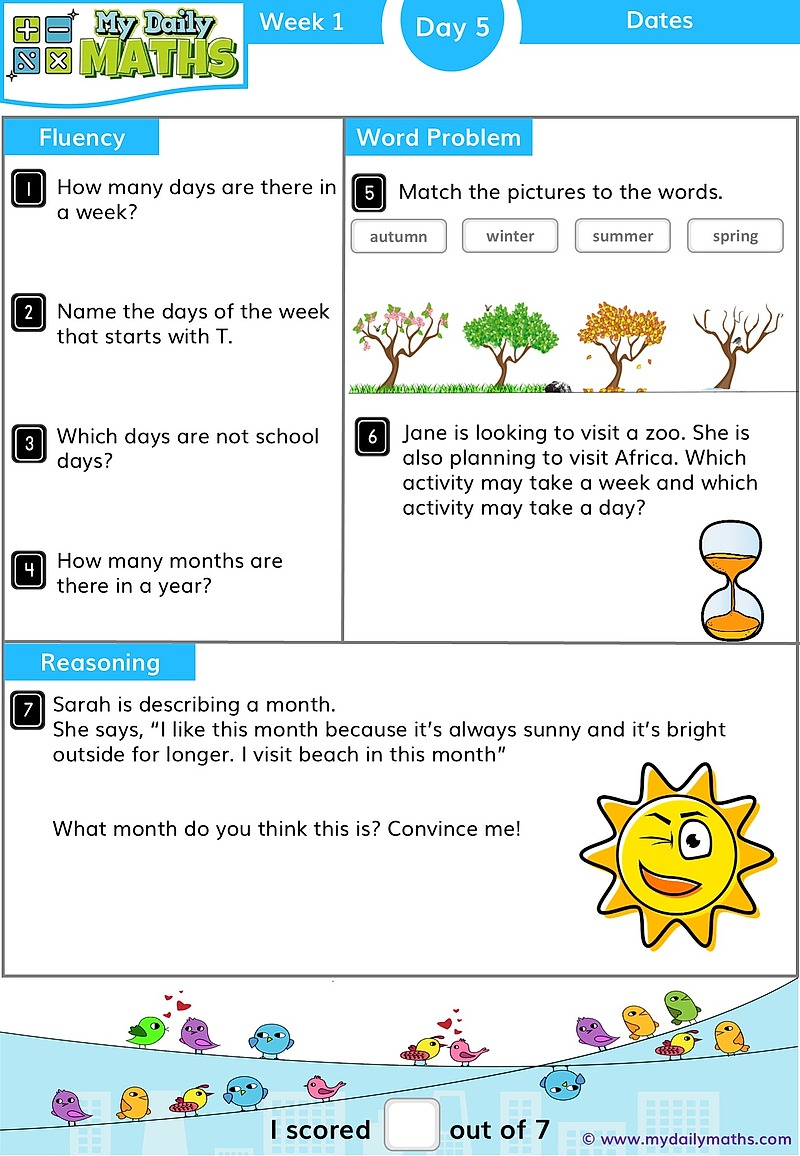 Year 1 Dates - Day 5 - Telling Time maths worksheet with fluency, word problem, and reasoning sections