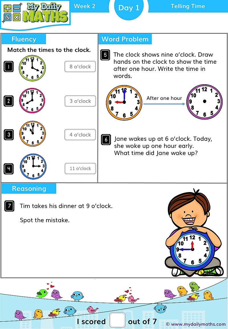 Year 1 Time - Day 1 - Telling Time maths worksheet with fluency, word problem, and reasoning sections