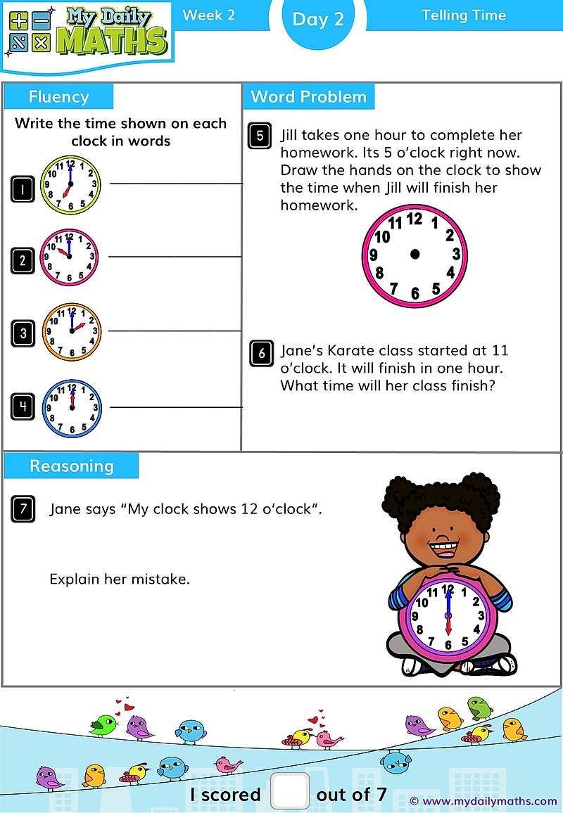 Year 1 Time - Day 2 - Telling Time maths worksheet with fluency, word problem, and reasoning sections
