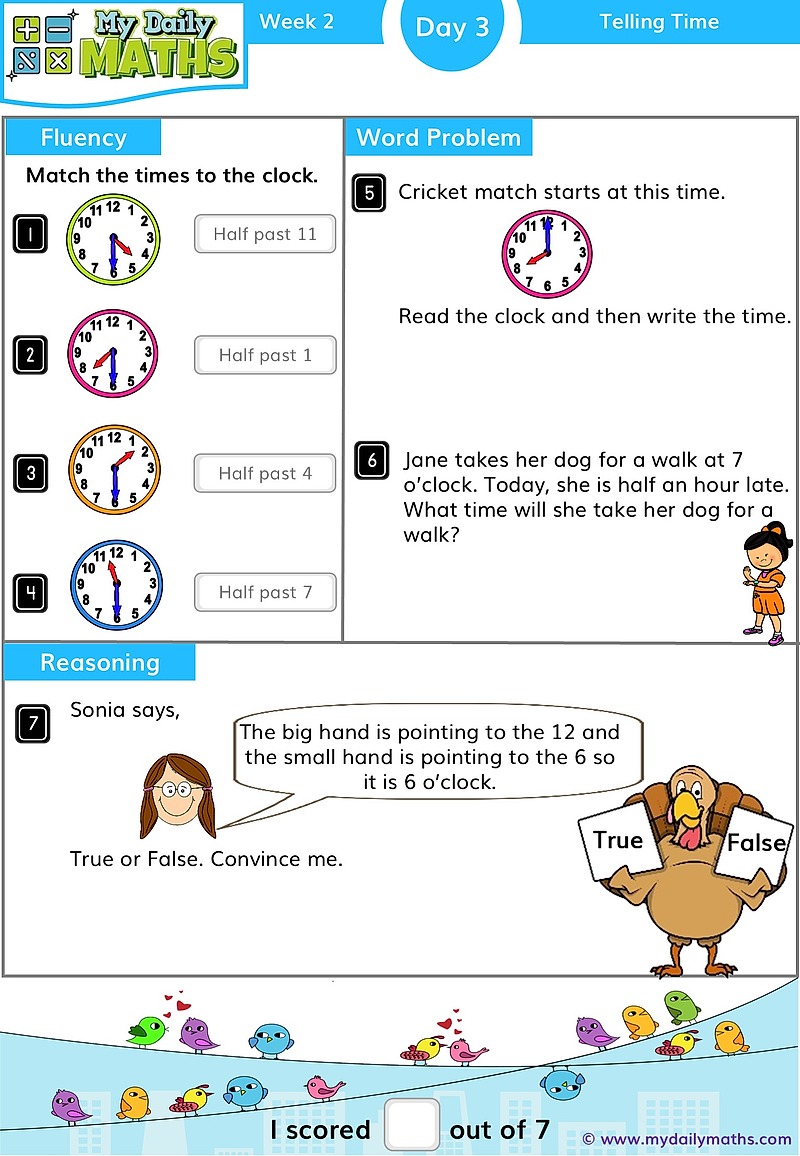 Year 1 Time - Day 3 - Telling Time maths worksheet with fluency, word problem, and reasoning sections