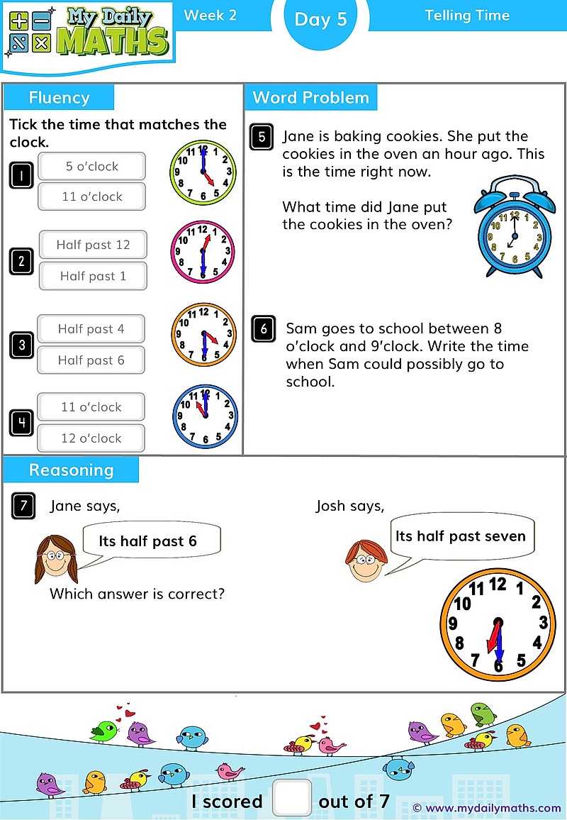 Year 1 Time - Day 5 - Telling Time maths worksheet with fluency, word problem, and reasoning sections