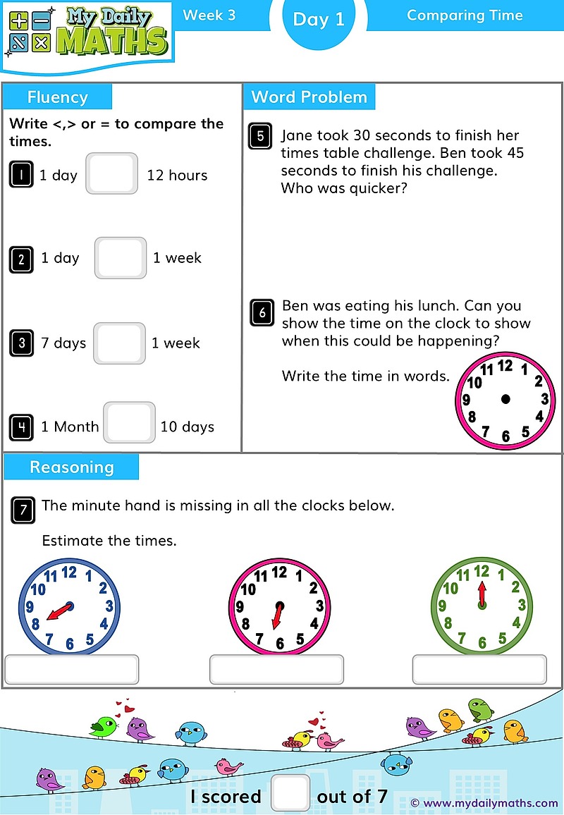 Year 1 Comparing Time - Day 1 - Telling Time maths worksheet with fluency, word problem, and reasoning sections