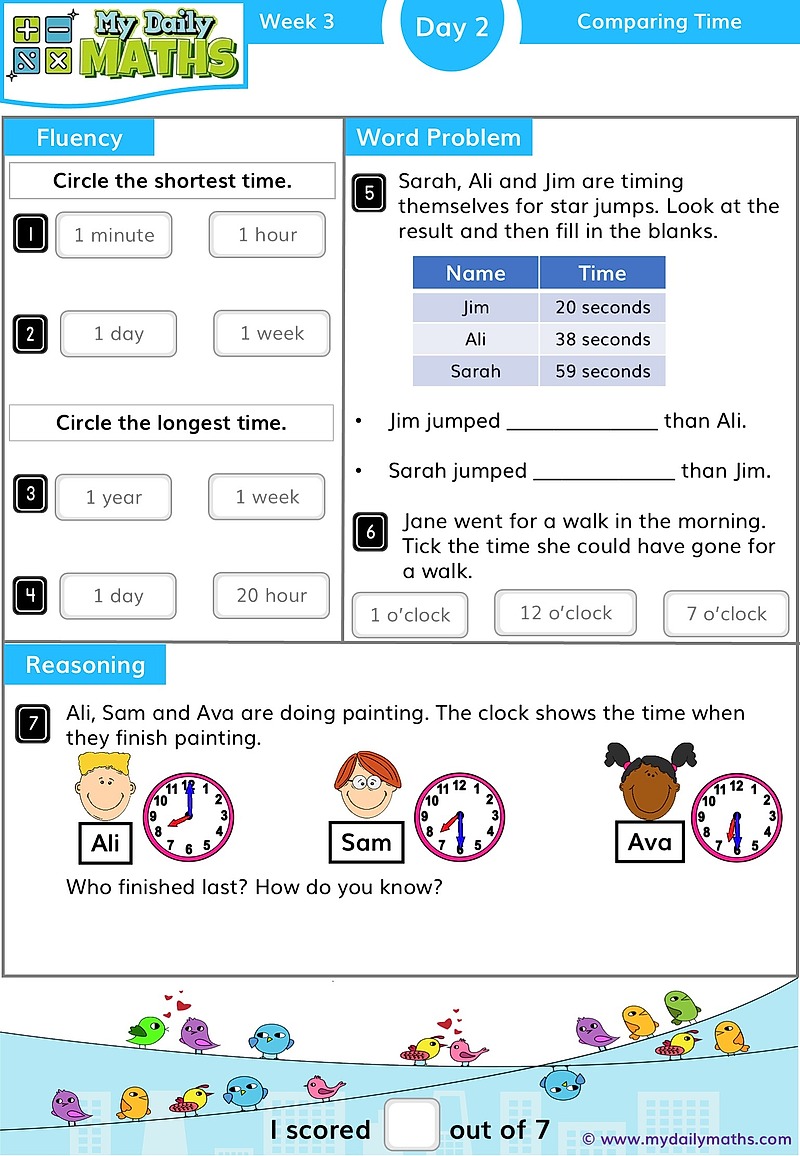 Year 1 Comparing Time - Day 2 - Telling Time maths worksheet with fluency, word problem, and reasoning sections