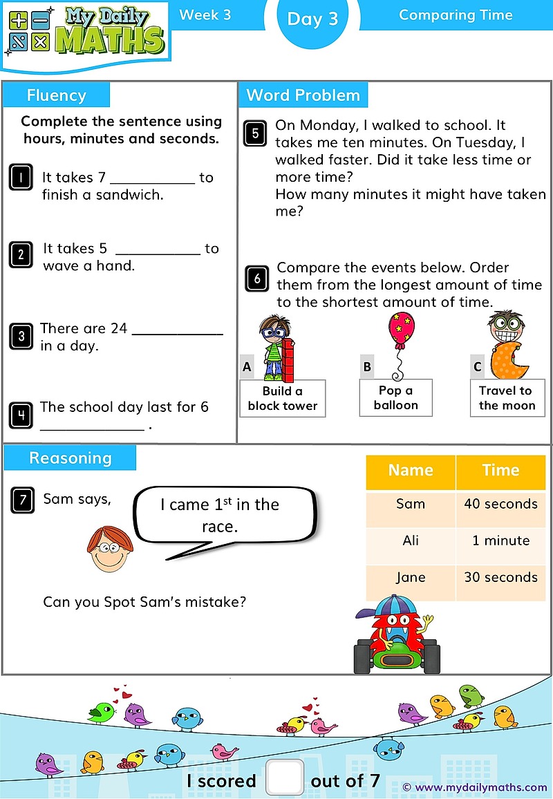 Year 1 Comparing Time - Day 3 - Telling Time maths worksheet with fluency, word problem, and reasoning sections