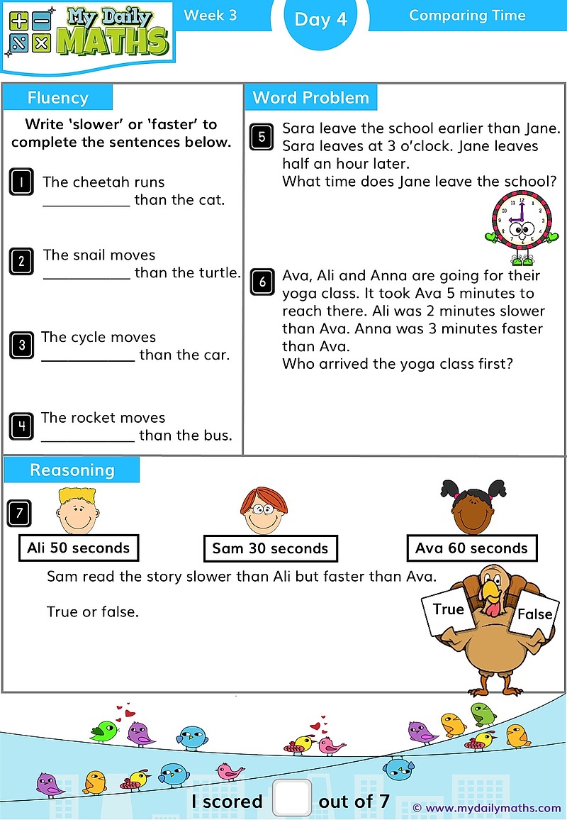 Year 1 Comparing Time - Day 4 - Telling Time maths worksheet with fluency, word problem, and reasoning sections