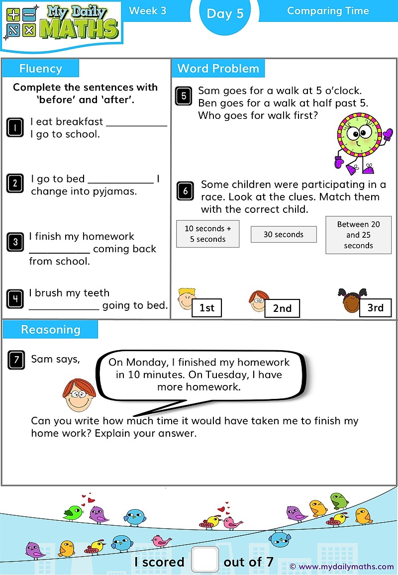 Year 1 Comparing Time - Day 5 - Telling Time maths worksheet with fluency, word problem, and reasoning sections