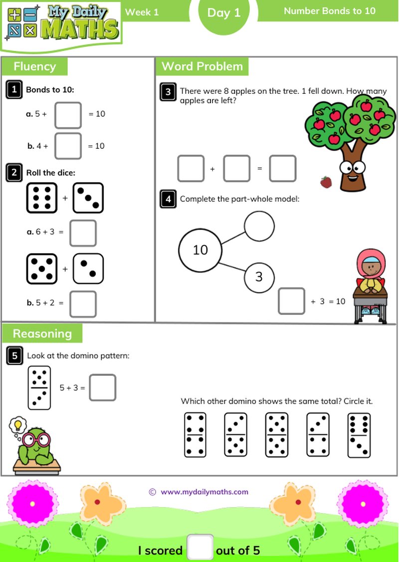 Year 2 Number Bonds to 10 - Day 1 - Addition & Subtraction maths worksheet with fluency, word problem, and reasoning sections
